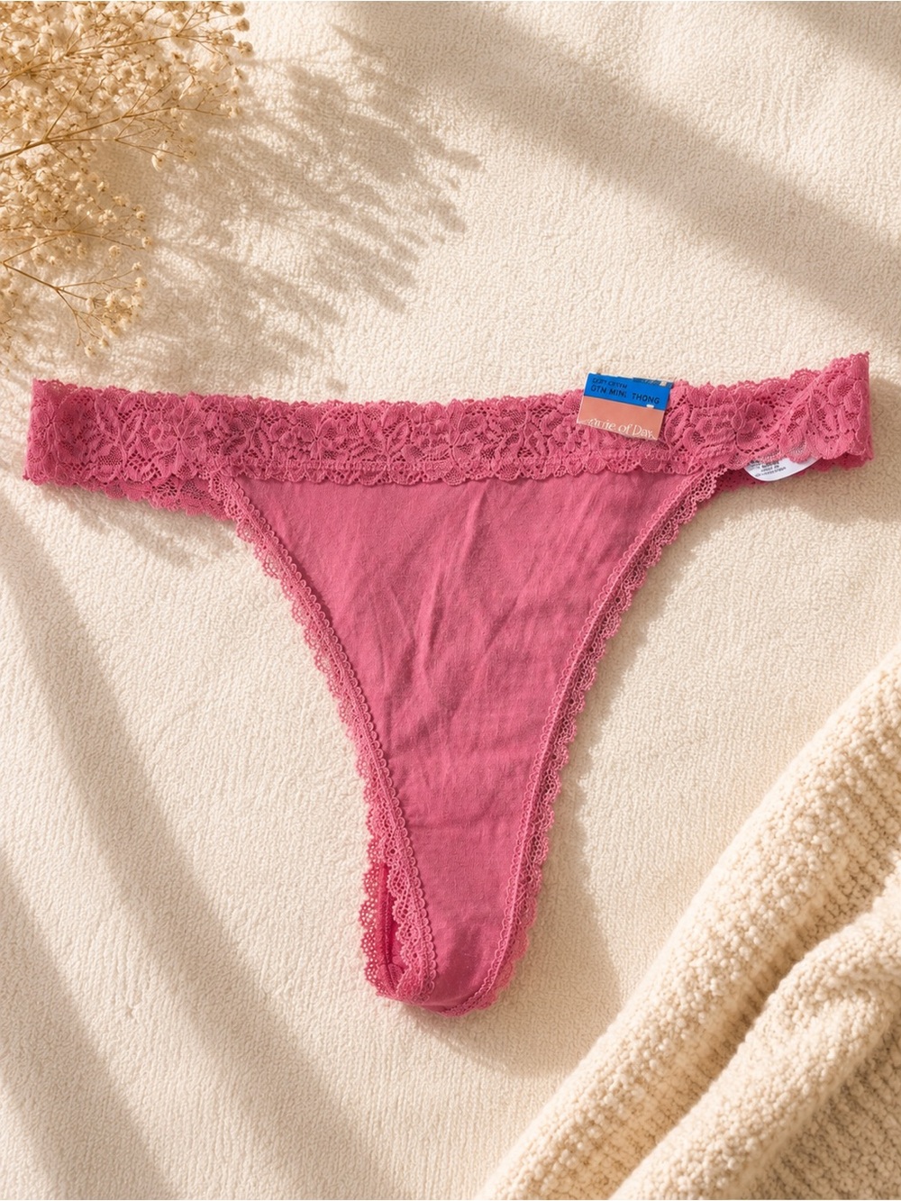Lace-Trim Cotton Thong in Rose -